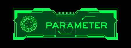 Color verde del banner futurista hud que tiene parámetro de palabra en la pantalla de la interfaz de usuario en fondo negro