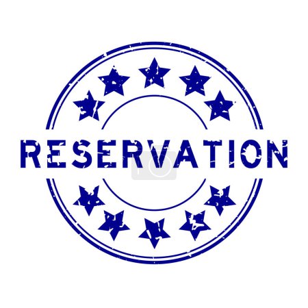 Grunge palabra de reserva azul con sello de sello de goma redonda icono estrella sobre fondo blanco