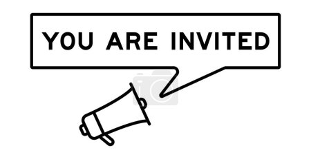 Megaphone icon with speech bubble banner in word you are invited on white background