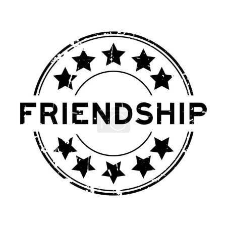 Grunge schwarzes Freundschaftswort mit Star-Ikone runden Gummidichtungsstempel auf weißem Hintergrund