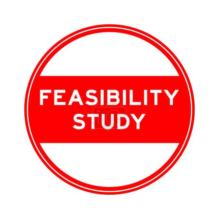 Red color round seal sticker in word feasibility study on white background