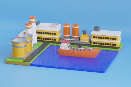Photo for Cargo port oil depot with tanker ship. Tanker loading oil at crude oil trading terminal. Vessel bunkering at oil storage. 3d illustration - Royalty Free Image