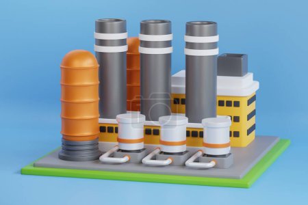 Photo for 3D Illustration of industrial working plants with chimney tower. Industrial buldings. factory building illustration with steam and cooling system - Royalty Free Image