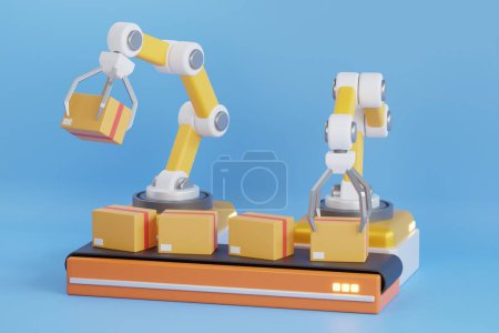 Photo for 3D Illustration of factory machine with conveyor and engineering robot arm sorting yellow box. Technology of modern industrial manufacture at automatic conveyor belt of factory line. - Royalty Free Image