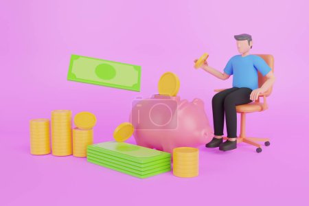 Photo for 3d illustration of saving money into pig savings. 3D rendering concept of money saving icon, money management. deposit and profit. 3d render - Royalty Free Image