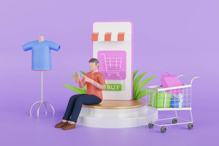 Photo for Smart phone is surrounded by parcels, shopping bags and alarm clocks on a blue background. Online shopping 3D Illustration. - Royalty Free Image