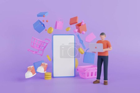 Téléchargez les photos : Mobile shopping concept illustration 3D. Shopping en ligne. boutique en ligne sur site application mobile rendu 3d - en image libre de droit
