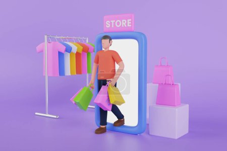 Foto de Banner de compras con tienda de ubicación, carrito, regalos, bolsas de mercado en estilo realista 3d. Compras en línea Ilustración 3D - Imagen libre de derechos