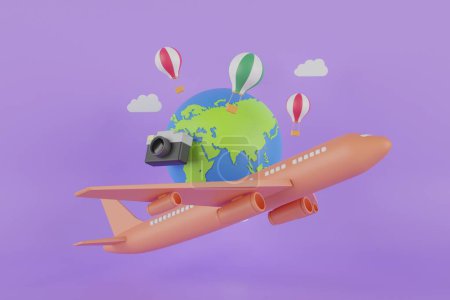 Téléchargez les photos : Avion survolant l'icône du globe. globe de rendu 3D. Concept de voyage illustration 3D. Voyage en avion concept créatif. - en image libre de droit