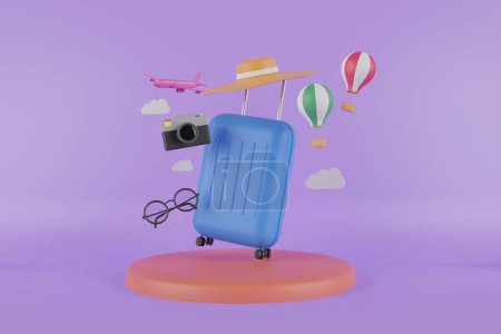 Photo for Summer travel vacation concept. Suitcase surrounded by hot air balloons, camera, glasses, plane and hot air balloons on a 3d podium. 3d rendering. - Royalty Free Image