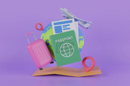 Photo for 3D rendering globe pin map and suitcase with flight. Travel concept 3d illustration, Airplane flying over the map pin.3d rendering. - Royalty Free Image