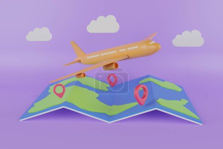 Téléchargez les photos : Voyage en avion concept créatif.3D rendu carte pin et valise avec avion vol voyage tourisme avion voyage planification tour du monde bagages - en image libre de droit