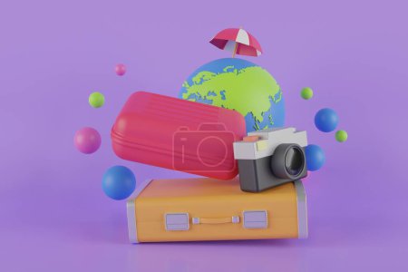 Photo for Travel by plane creative concept. Realistic 3d design airplane takes off from suitcase. suitcase with flight plane travel tourism plane trip planning world tour luggage. - Royalty Free Image