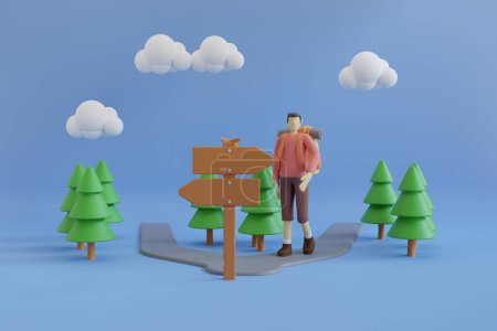 Téléchargez les photos : Illustration 3D de touriste avec sacs à dos se promener dans la forêt. activités de randonnée. Rendu 3d. - en image libre de droit