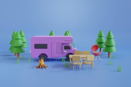 Photo for Motorhome camping surrounded by pine trees on an blue background. 3d rendering. Travel and camping concept. - Royalty Free Image