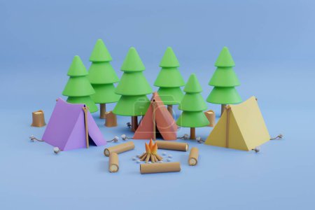 Photo for Camping surrounded by pine trees. Travel and camping concept. tent near the campfire. 3d rendering. - Royalty Free Image