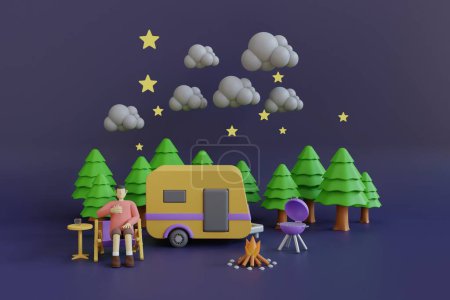 Photo for A yellow motorhome in a pine forest surrounded by clouds and stars.Travel and camping concept.3d render. - Royalty Free Image