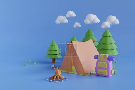 Photo for A orange tent in a pine forest surrounded by clouds. Travel and camping concept. 3D rendering - Royalty Free Image