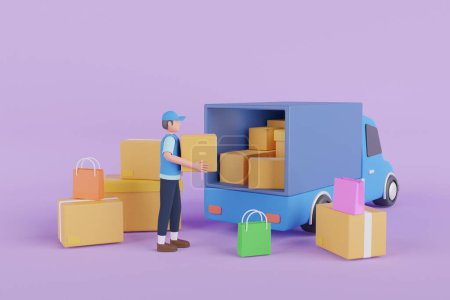 Photo for 3d Courier service Delivery. Delivery man and boxes. Courier or delivery service. Men characters with parcels packages boxes.3d rendering - Royalty Free Image