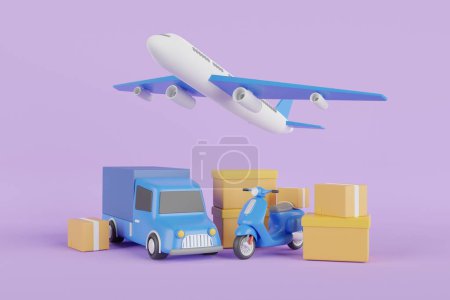 Photo for 3d rendering of fast delivery service by truck, scooter, airplane. Airplane and truck with cardboard boxes. Courier service Delivery. - Royalty Free Image
