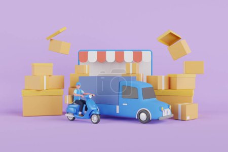 Photo for 3d Transportation shipment delivery by truck , scooter. Delivery service and cardboard box. 3d render illustration - Royalty Free Image