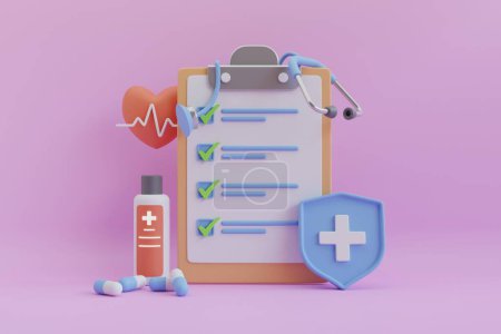 3d rendering medical report with blood tube , pills and stethoscope. Signing health checklist, medical check up report.3D render illustration