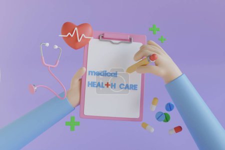 Photo for 3d render. Doctor's paper form, diagnosis, medical list with medications.document personal information Checklist on a clipboard paper heart with heartbeat pulse line. - Royalty Free Image