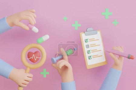 Photo for 3d prescription rx with pills and medicines. Doctor's paper form, diagnosis, medical list with medications. Medical clip art isolated on pink background. 3d rendering - Royalty Free Image