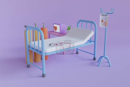 Photo for The patient's bed is surrounded by a pulse meter, a saline hose, stethoscope and a surgical device on a purple background. 3d rendering - Royalty Free Image