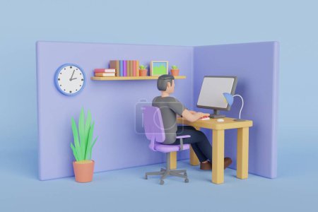Photo for 3D Man sitting in front of laptop, man work on computer. employee in a suit working on a laptop computer at his clean and sleek office desk. 3d rendering - Royalty Free Image