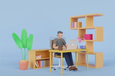 Photo for Home Office 3D render. 3D illustration of young man using laptop and working at the desk in office with coffee cup. Workplace concept. 3d rendering - Royalty Free Image