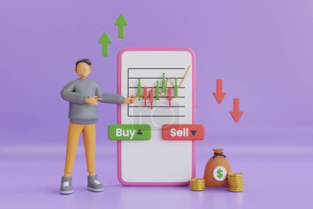 Photo for 3D Smartphone with graph chart buy and sell shares, stock market index,Candlestick,trading graphic, stock market graph, financial investment chart. Buy and Sell Button. phone with buy and sell buttons and coins floating around. 3d rendering - Royalty Free Image