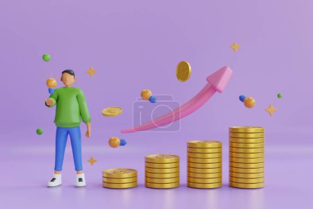 Photo for 3D Graph up arrow on coin stacks. Financial success and growth concept. Gold coins money, Business graph icon. Pink up arrow and coin stacks on purple background. 3d rendering - Royalty Free Image