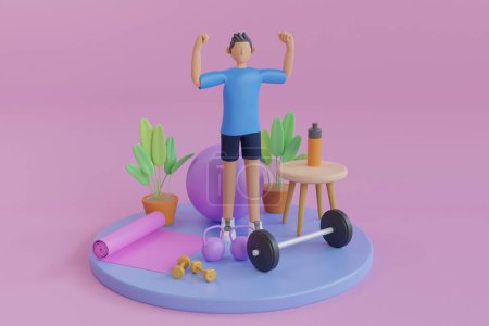 Photo for 3D Young man with fitness equipment. Fitness gym concept, kettle ball, gym dumbbell, fitness mat, bottle on purple background, muscle exercise, bodybuilding. 3d rendering - Royalty Free Image