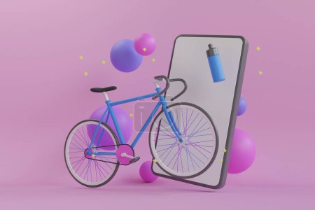 Photo for 3D Cycling application concept. sport live online from a smartphone. Blue bike among colorful balls on a pink background. bike surrounded by smartphone , ball and bottle . 3d rendering - Royalty Free Image