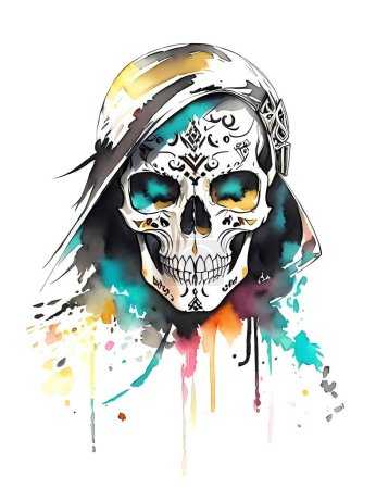 Watercolor skull character illustration