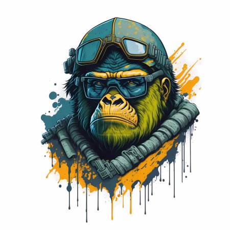 Téléchargez les illustrations : Un gorille portant un casque de l'armée dans le style de l'oeuvre - en licence libre de droit