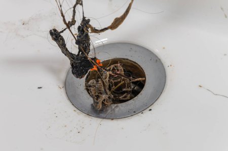 Wash basin drain clogged with hair and debris