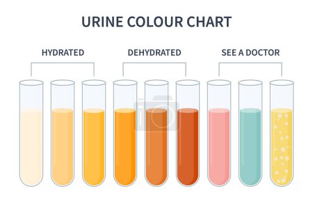 Ilustración de Urine colour chart. Hydration and dehydration level diagram. Medical urinal test kit for urinary tract infection research. Containers with yellow to brown pee for urinalysis. Vector illustration. - Imagen libre de derechos