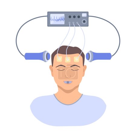 Illustration for Electroconvulsive therapy for severe depression and schizophrenia treatment. ECT electrodes placement on a male patient. Brain stimulation equipment for major depressive disorders. Vector illustration - Royalty Free Image