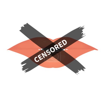 Control de la censura sobre la autoexpresión y la libertad de expresión. Símbolo de contenido multimedia censurado. Boca sellada femenina. Ilustración vectorial plana sobre fondo blanco.