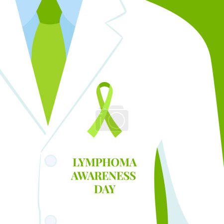 Illustration for Lymphoma awareness day poster. Lymphatic cancer month symbol. Doctor with lime green ribbon pin on white coat. Solidarity compain concept design. Healthcare support. Medical vector illustration. - Royalty Free Image