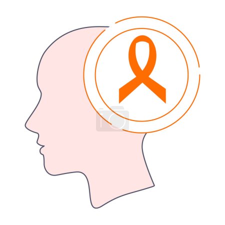 Illustration for Orange awareness ribbon icon. Female head in side view. Leukemia blood cancer bow emblem. Medical vector illustration. - Royalty Free Image