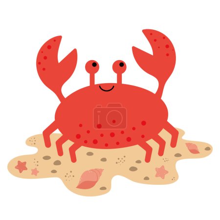 Téléchargez les illustrations : Mignon crabe rouge sur la plage. Créature marine avec des griffes sur un fond blanc. Illustration vectorielle de dessin animé plat de couleur enfantine de homard souriant drôle - en licence libre de droit