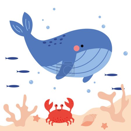 Illustration for Cute cartoon undersea world. Deep Ocean or sea with fish, crab, whales, stars, aquatic plants. Vector illustration - Royalty Free Image