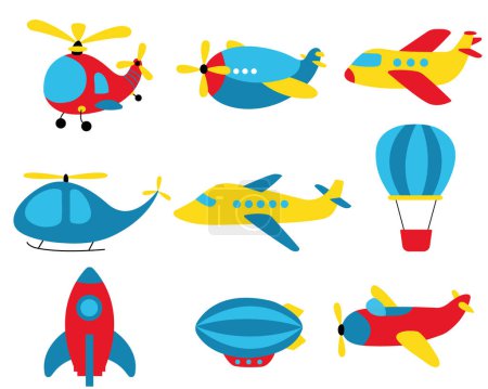 Transport aérien de bande dessinée. Avions vectoriels, avions, hélicoptères, dirigeables, fusées, avions. Ensemble de jouets pour enfants