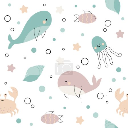 Vector hand drawn colorful childish seamless pattern simple flat pattern with whale, fish, crab and jellyfish on white background. Cute baby animals. Pattern for children with sea animals. Sea. Ocean.