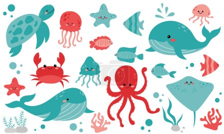 Vector cute set with sea animals and algae. Marine collection with whale, octopus, fish, crab, jellyfish, turtle, starfish and stingray. Inhabitants of the sea world in flat design. Set with cute sea life elements.Cute sea animals vector illustration
