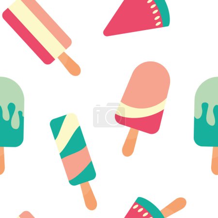 Illustration for Ice cream seamless pattern. Summer vacation with popsicles, different types of ice cream on a stick. cartoon sweet food vector texture - Royalty Free Image