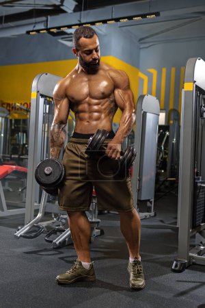 Photo for A strong swarthy man with a naked torso poses with dumbbells in his hands. Image of a young adult man with a good physique in the gym. Strength and motivation. - Royalty Free Image